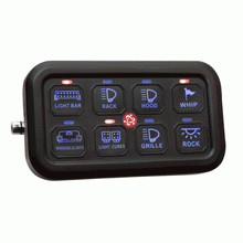 Load image into Gallery viewer, Product shot of Heise Universal 8 Gang Switch uninstalled on white background. Shows top row of buttons: Light Bar, Rack light, hood light, Whip. Shows bottom row of buttons: Windshield Lights, Light Cubes, Grille Lights, ROCK light.