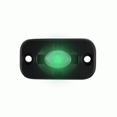 Product shot of Heise Aux Light Pod in Green. Uninstalled, lit green light on white background.