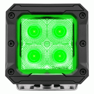 Product shot of Heise 3" Green Cube on white background. Uninstalled and lit with green light.. 