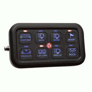 Product shot of Heise Universal 8 Gang Switch uninstalled on white background. Shows top row of buttons: Light Bar, Rack light, hood light, Whip. Shows bottom row of buttons: Windshield Lights, Light Cubes, Grille Lights, ROCK light.