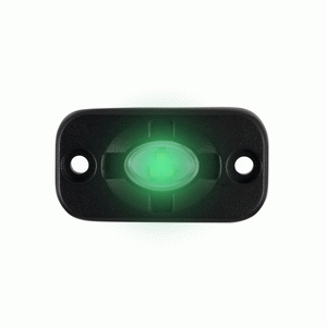 Product shot of Heise Aux Light Pod in Green. Uninstalled, lit green light on white background.